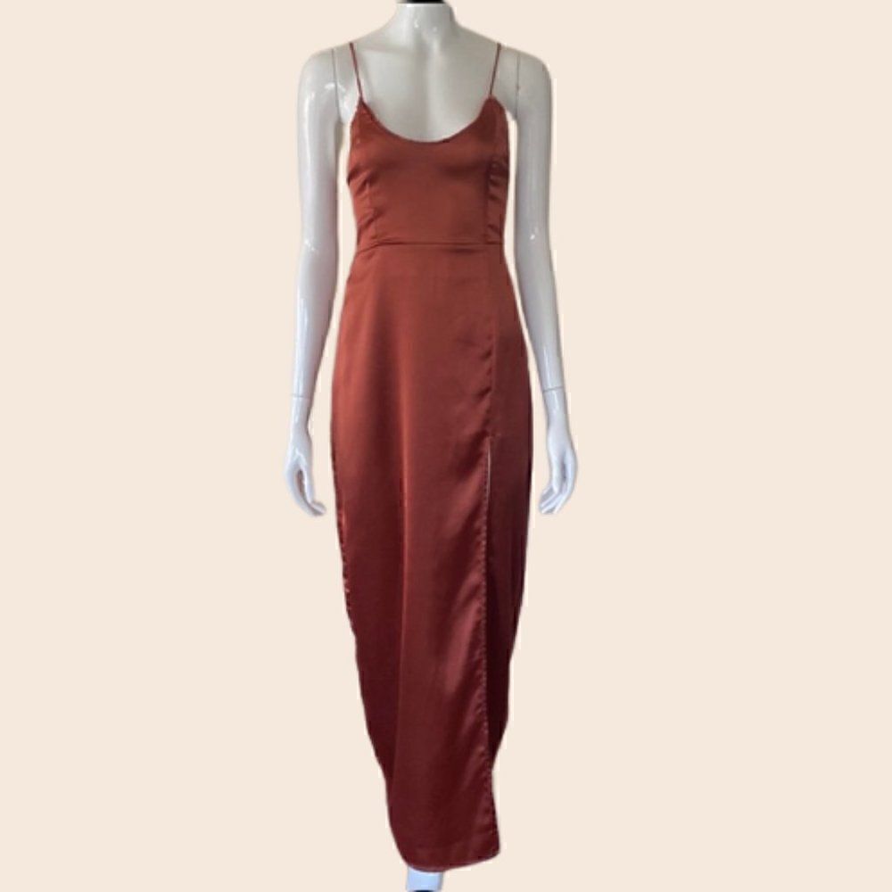 Steele Copper Tie Back Cut Out Slip Maxi Dress with Thigh Split Size Small